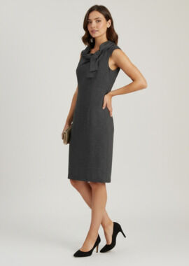 Dark Gray Sleeveless Sheath Dress with Cowl Neck and Bow Detail Size 8